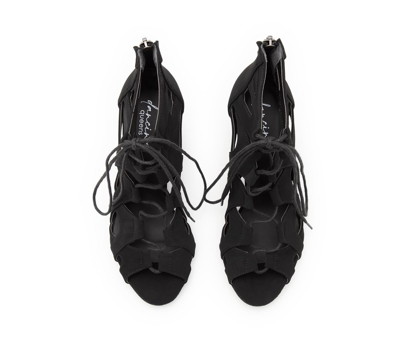 Andromeda-Tanzschuhe in Schwarz von Dancing Queens verfügen über Peep-Toe-, Cut-Out-Designs und Schnürung vorne.